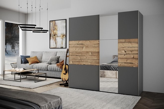 Stolar Šatní skříň Bastia 200 lux Barva: Grafit/ alpský smrk/ zrcadlo