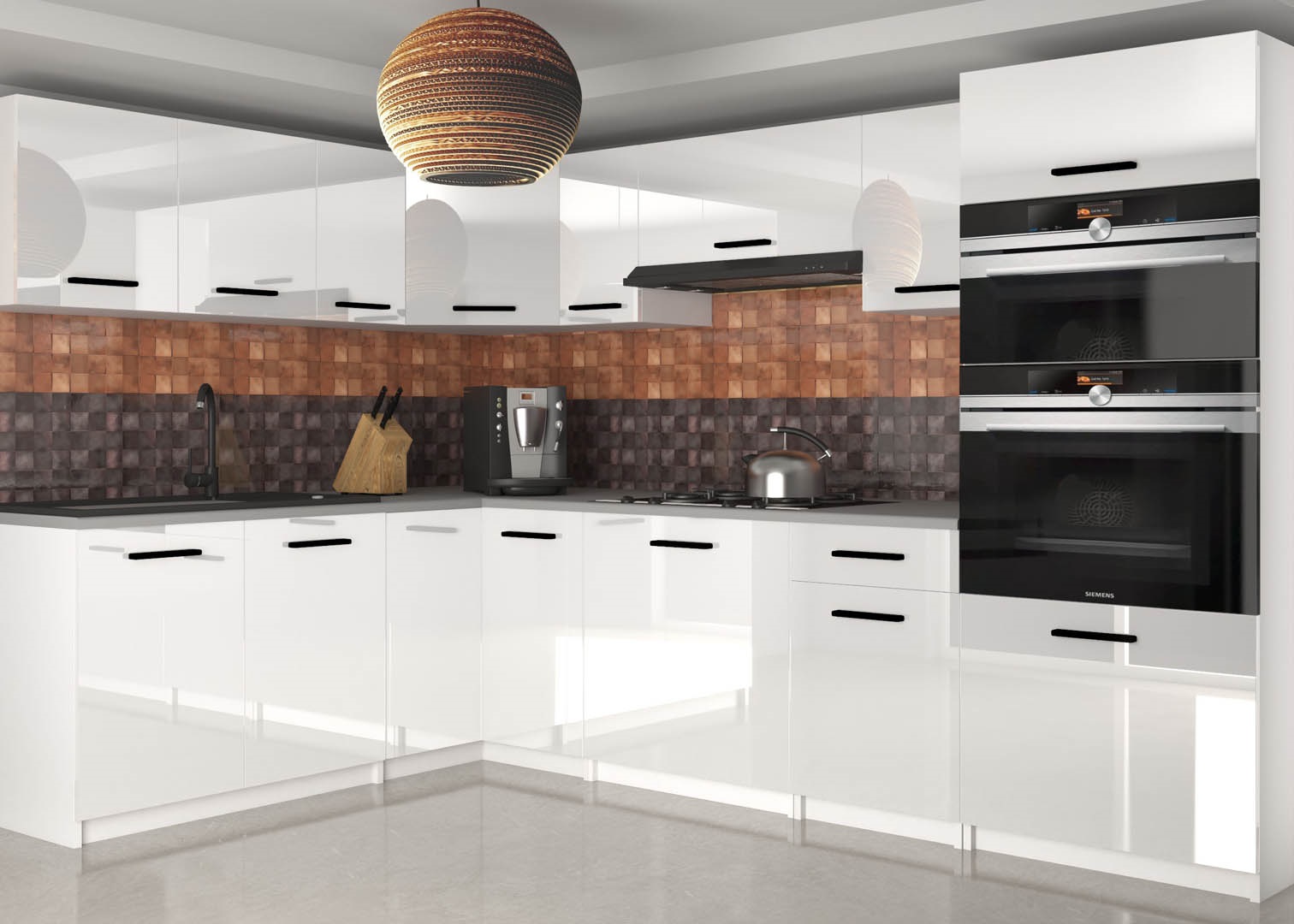 Rohová kuchyňská linka 170 x 250 cm Uniqagrande Barva: Bílý lesk