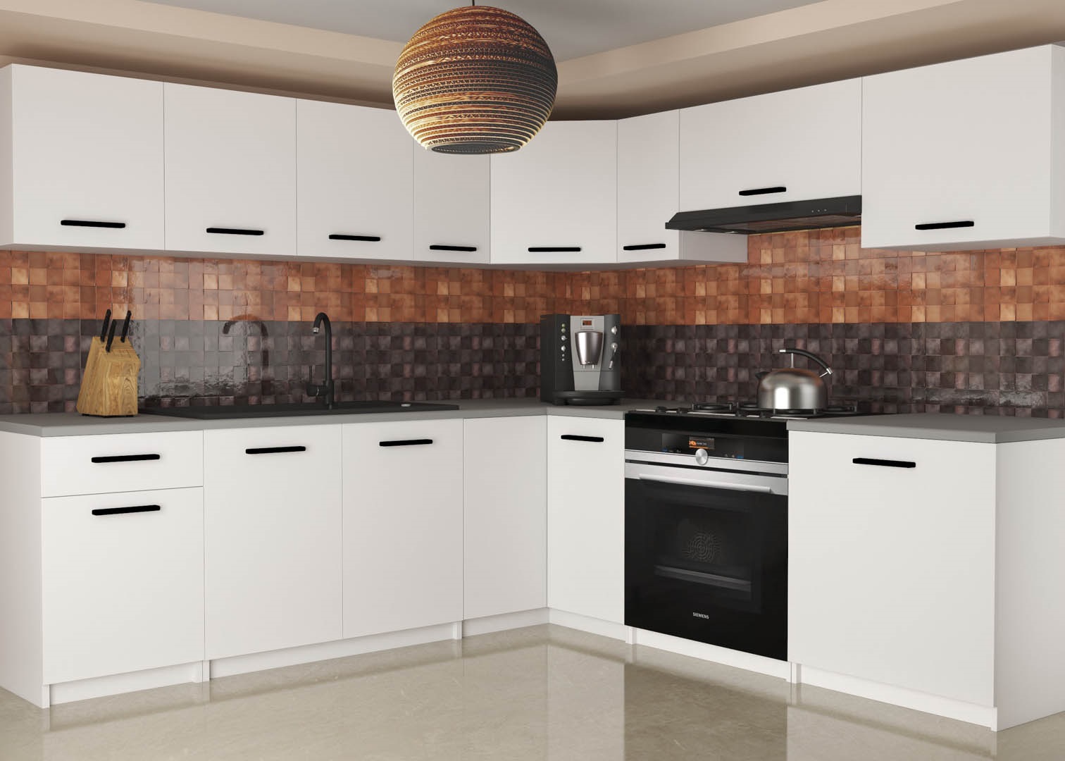 Rohová kuchyňská linka 210 x 150 cm Uniqaplus Barva: Bílá Mat