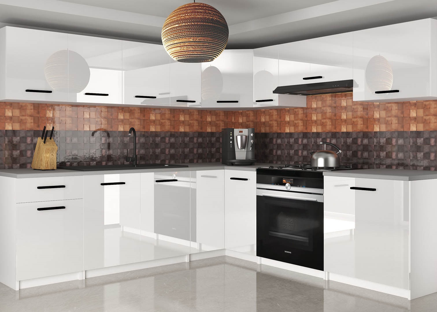 Rohová kuchyňská linka 210 x 150 cm Uniqaplus Barva: Bílý lesk