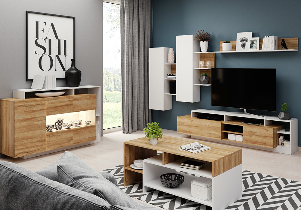 Obývací systém Alva Barva korpusu: Dub grandson + bílý lesk