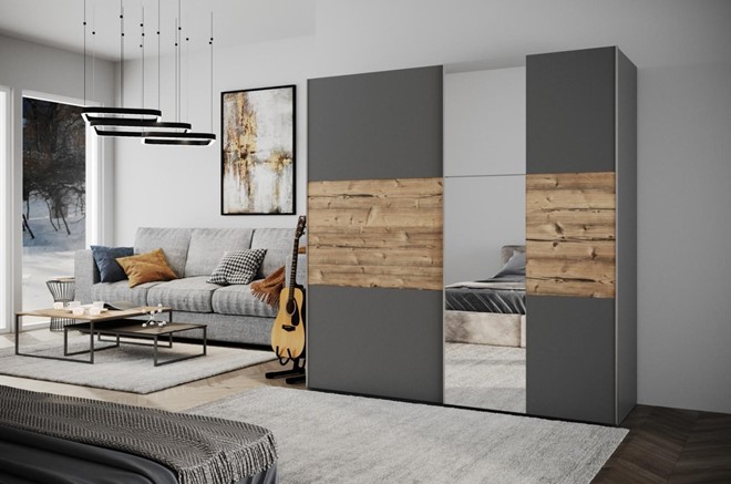 Šatní skříň Bastia 200 lux Barva korpusu: Grafit/ alpský smrk/ zrcadlo