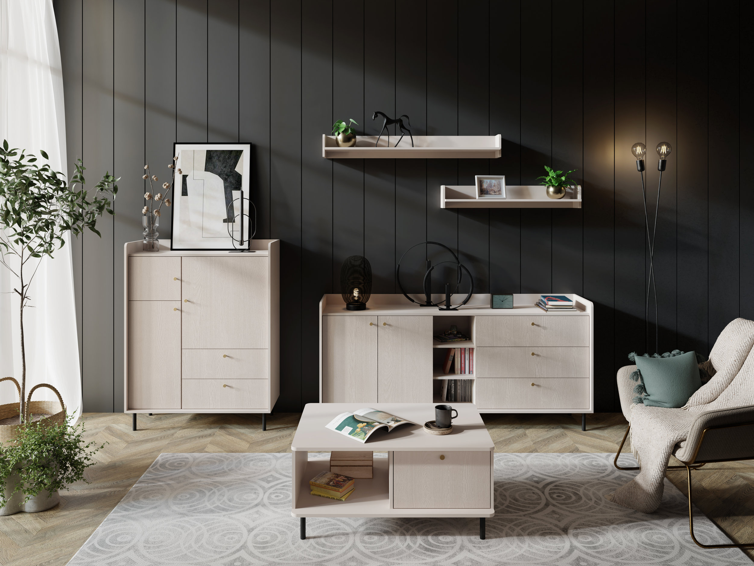 Obývací sestava Grande 1 Barva korpusu + barva dveří: Pískově béžová (hladké + struktura)