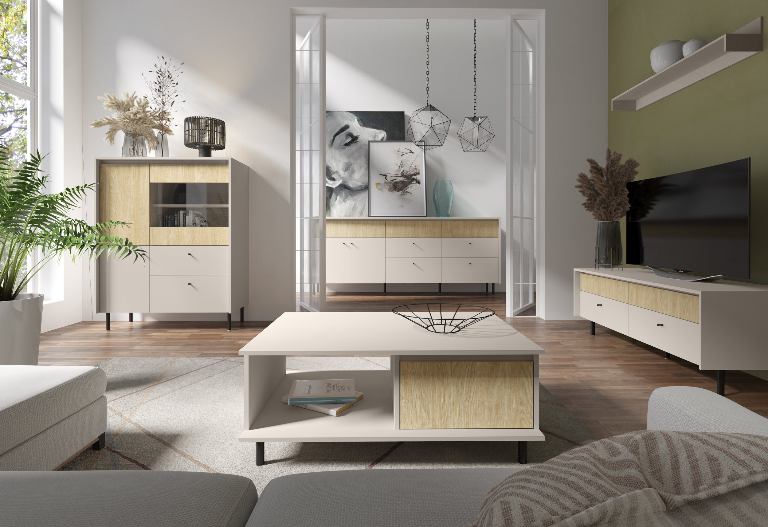 Obývací sestava Malta 1 Barva korpusu + barva dveří: Pískově béžová / Dub olejovaný