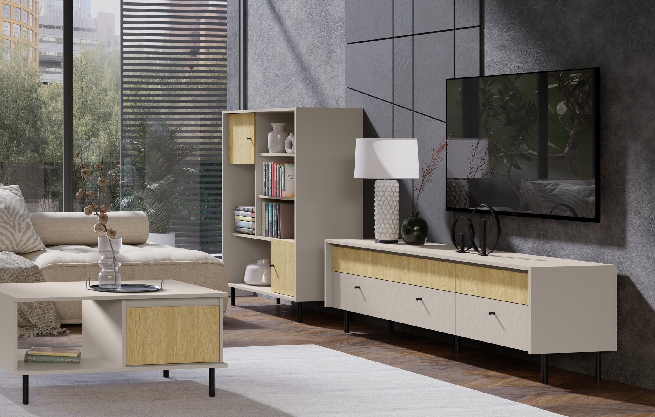 Obývací sestava Malta 3 Barva korpusu + barva dveří: Pískově béžová / Dub olejovaný