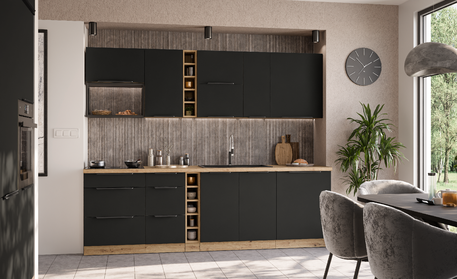 Kuchyňská linka 255 cm Aria 1 - Dub artisan + BL Black AFM