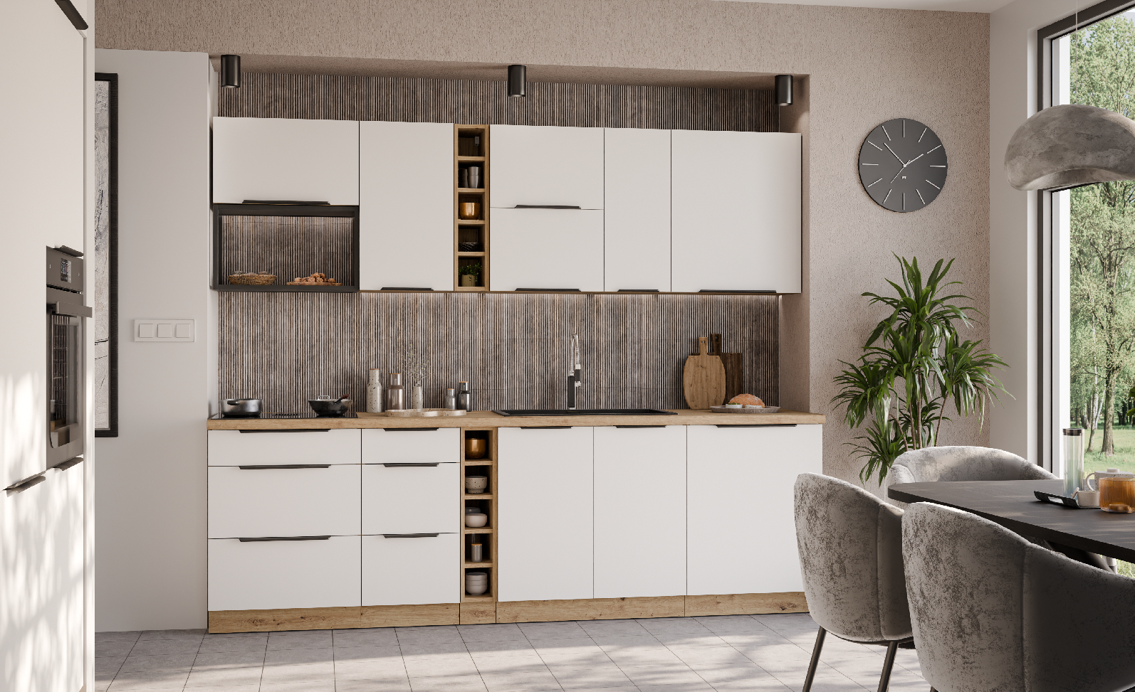 Kuchyňská linka 255 cm Aria 1 - Dub artisan + WH Crystal white AFM