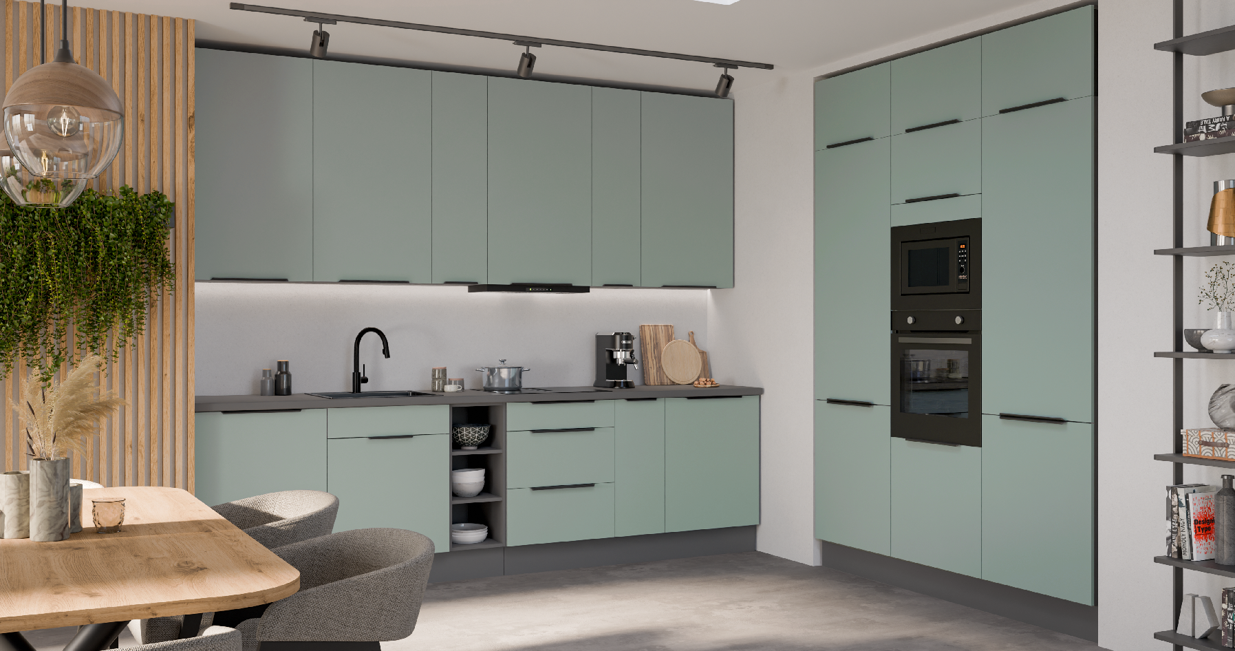 Kuchyňská linka 300x180 cm Aria ANT - Antracit + SA Aquamarine AFM