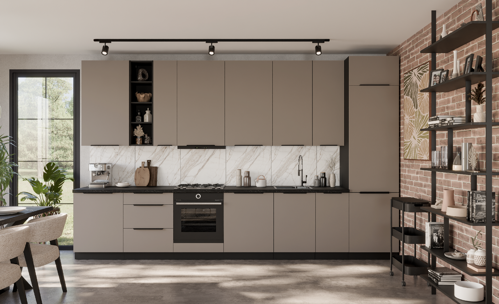 Kuchyňská linka 390 cm Aria 2 - Černá + TA Sandgrau AFM